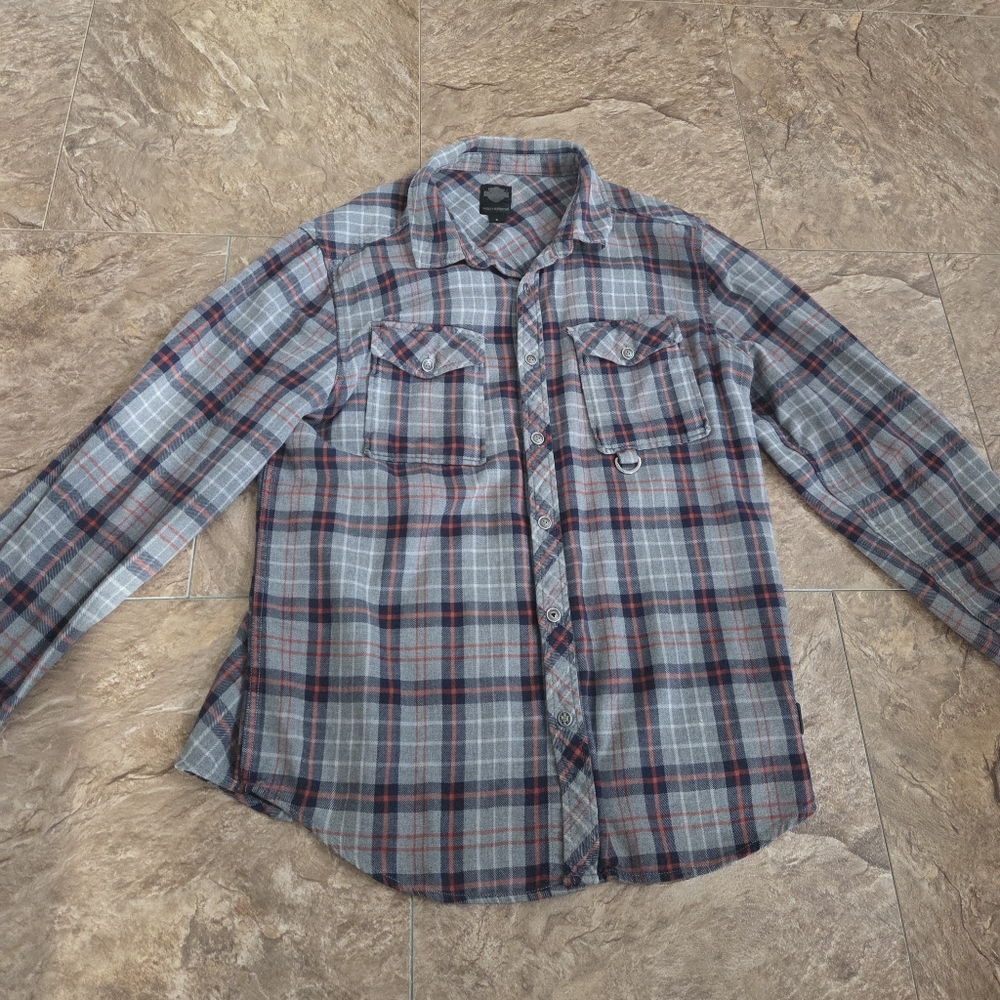 Harley-Davidson Gray and Red Plaid Shirt
